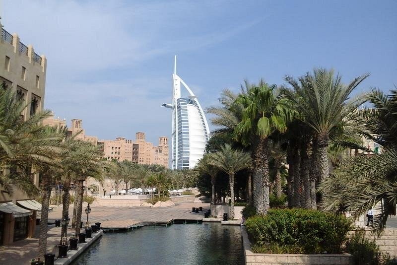 The Burj Al Arab seen along a waterway at Madinat Jumeirah